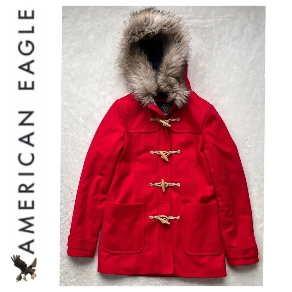 American Eagle Outfitters Red Toggle & Rope Duffle Wool Coat Jacket, Size Small